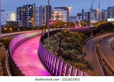 Auckland, New Zealand - October 3, 2022: Nelson Street Cycle Way At Night.