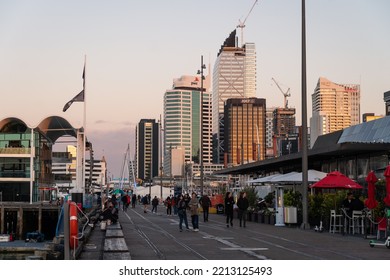 Auckland, New Zealand September 20 2019: People Stroll Around The Viaduct Marina And Wynyard District Lined With Restaurants In New Zealand Largest City In Late Afternoon