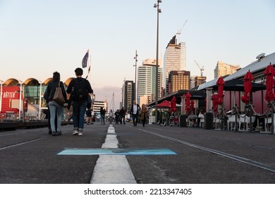 Auckland, New Zealand September 20 2019: People Stroll Around The Viaduct Marina And Wynyard District Lined With Restaurants In New Zealand Largest City In Late Afternoon