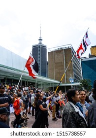 Auckland, New Zealand - September 27 2019: School Strike 4 Climate Long Maori Flags And Sky Tower