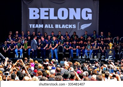 AUCKLAND - NOV 04 2015:All Blacks Coach Steve Hansen And Richie McCaw Speek To The Crowd In Victoria Park Auckland, New Zealand.The All Blacks Are The Holders Of The Rugby World Cup In 2011 And 2015.