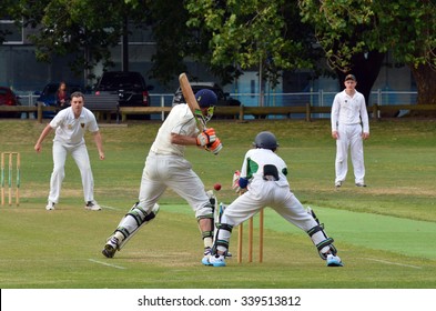 AUCKLAND - NOV 14 2015:Cricket bowler bowling to a batsman..It's one of New Zealand most popular national sport and the first recorded game took place in Wellington in December 1842.