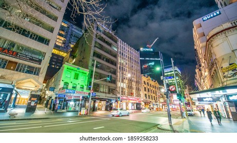 AUCKLAND, NZ - AUGUST 26, 2018: City Buildings Along The Waterfront At Night.