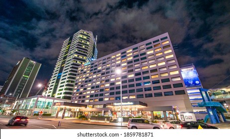 AUCKLAND, NZ - AUGUST 26, 2018: City Buildings Along The Waterfront At Night.