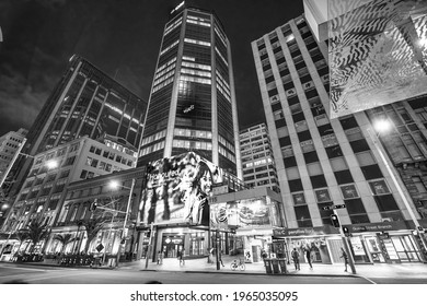 AUCKLAND, NZ - AUGUST 26, 2018: Downtown City Buildings At Night.