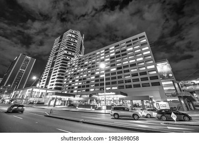 AUCKLAND, NZ - AUGUST 26, 2018: City Buildings Along The Waterfront At Night.