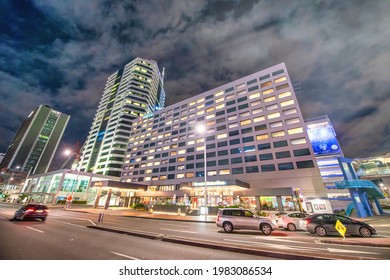 AUCKLAND, NZ - AUGUST 26, 2018: City Buildings Along The Waterfront At Night.