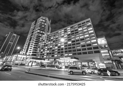 AUCKLAND, NZ - AUGUST 26, 2018: City Buildings Along The Waterfront At Night.