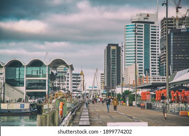AUCKLAND, NZ - AUGUST 27, 2018: Auckland Waterfront Modern Buildings On A Beautiful Morning.