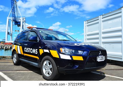 AUCKLAND,  NZL - JAN 30 2016:New Zealand Customs Service vehicle  in Ports of Auckland. The agency responsible for the safety, security and commercial interests of New Zealand.