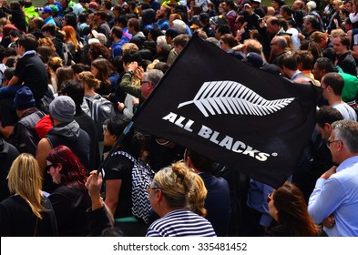 AUCKLAND,  NZL - NOV 04 2015:Large Crowd Of All Blacks Fans March In Victoria Park Auckland, New Zealand.The All Blacks Are The Holders Of The Rugby World Cup In 2011 And 2015.