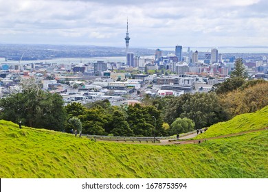 Auckland, Auckland province/New Zealand-9/28/2019: Top view of the Trail of mount eden with the background of cityscape of downtown