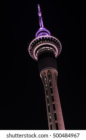 Auckland Sky Tower At Night Glowing Pink