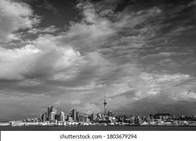 Auckland Skyline, Black And White City Scape With Big Sky, New Zealand