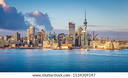 Auckland skyline at sunrise, Auckland, New Zealand