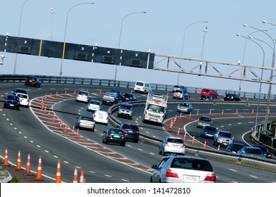 AUCKLAND,NZ - May 27 2013:Traffic On Auckland Harbour Bridge.The Daily Average Number Of Cars Crossing The Auckland Harbour Bridge Is Presently Around 165,000