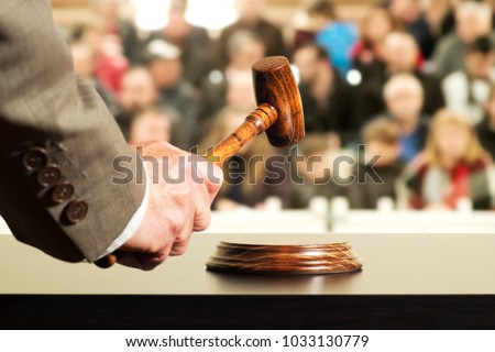 auction  bid sale judgment mallet with judge and public Stockfoto © 