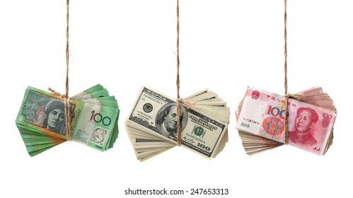 AUD, RMB, USD On White Background