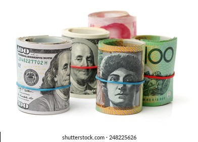 AUD, RMB, USD On White Background