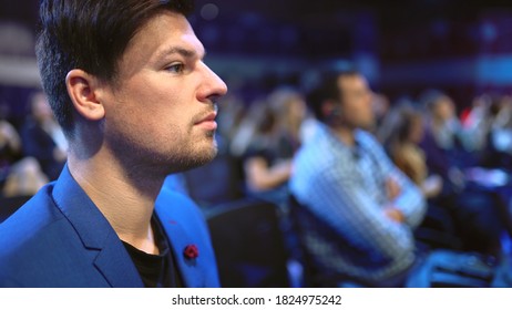 Audience Business Meeting Crowded Forum Person. Viewer Seminar Education Listen Speaker Large Auditorium. Event Political Summit Business Man Spectator. Group People Listening Speech Crowd Audience.