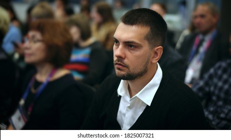 Audience Business Meeting Crowded Forum Person. Viewer Conference Education Listen Speaker Large Auditorium. Event Economic Summit Business Man Spectator. Group People Listening Speech Crowd Audience.