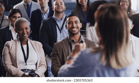 Audience, conference and business people listening to speaker at a seminar, workshop or training. Diversity men and women crowd at a presentation for learning, knowledge and corporate discussion - Powered by Shutterstock