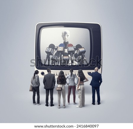 Audience following fake news on television, an AI robot is speaking into the microphones and spreading false information