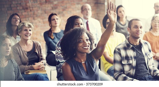 Audience Meeting Seminar Arms Raised Asking Concept - Shutterstock ID 373700209