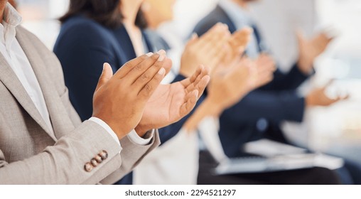 Audience row, hands or office team applause for congratulations, promotion winner or company growth. Trade show, conference meeting and seminar people clapping for convention presentation - Shutterstock ID 2294521297