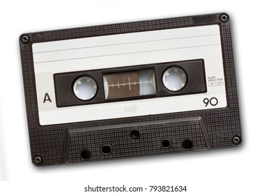 Audio cassette tape isolated on white background, vintage 80's music concept