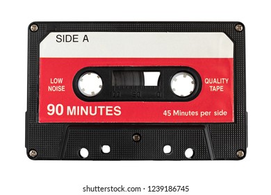 Audio cassette tape isolated, red and white colors