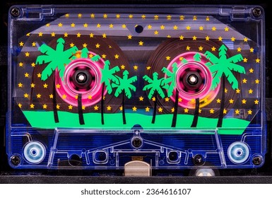 Audio cassette tape in use sound recording in the tape recorder, 90s Nostalgia Mix Tape, inside foil sheet with palms and stars - Shutterstock ID 2364616107