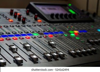 The audio equipment, control panel of digital studio mixer. Close-up, selected focus