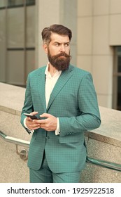 Audio message service. Text messaging. Mobile communication. Email message. Talent of managing. Online business. Bearded man with smartphone. Businessman send sms using smartphone. Send message.