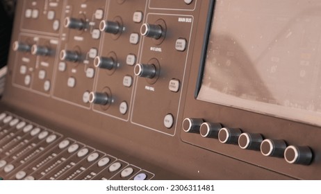 Audio mixer control panel. closed up buttons equipment.
