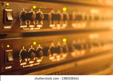 Audio mixer knobs and audio equipment.