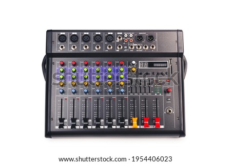 Audio mixing console with clipping path isolated on white background, top view