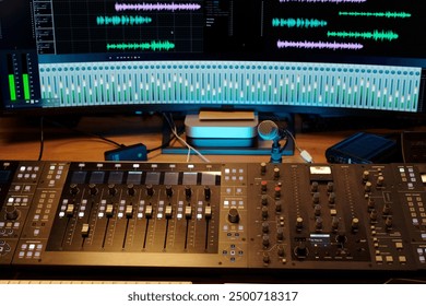 Audio mixing console, a microphone, and multiple screens displaying audio waveforms. Equipment includes sliders, buttons, and knobs for precise audio editing