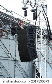 Audio Speakers At The Concert Venue. Musical Equipment For Public Events And Information Broadcast. Vertical Photo. Close-up