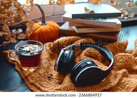 Audiobook or podcast in fall season. Wireless headphones with books and autumn leaves on knitted plaid as concept of learning and education, online courses or music app in cozy fall mood.
