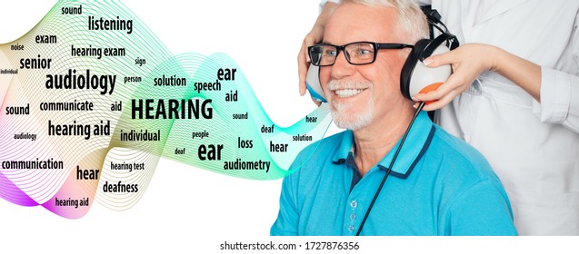 Audiometry, Hearing Test. Elderly Man During A Hearing Test, On The Background Of A Soundwave And The Word Ear Concept