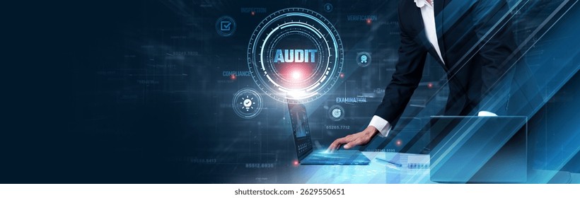 Audit: Businessman use laptop and synchronize data of financial records on computer device with global network, compliance, risk assessment, internal controls, reporting, and accountability. - Powered by Shutterstock - Get 15% off with code: PIKWIZARD15