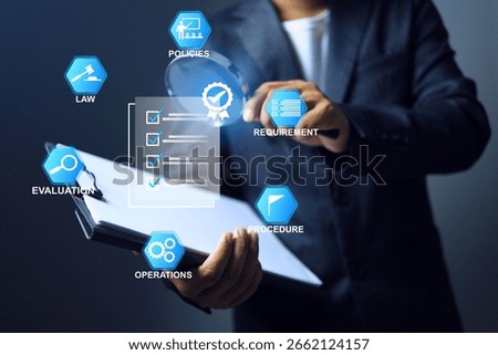 Audit concept with auditor using magnifying glass to search for evaluation scope to check activity in production process activities
