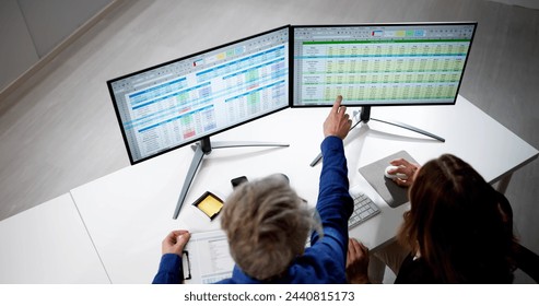 Auditor Employees And Data Analyst Using Computer Spreadsheet