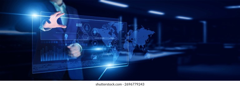 Auditor pointing to the audit dashboard interface while analyzing financial records, compliance data, transaction integrity, internal control, and corporate governance reports.