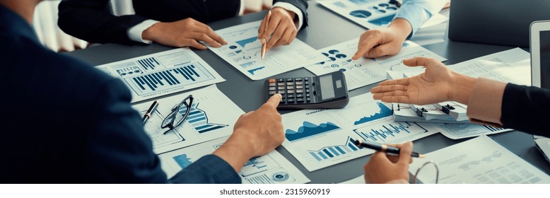 Auditor team collaborate in office, analyzing financial data and accounting record. Expertise in finance and taxation with accurate report and planning for company revenue, expense and budget. Insight - Shutterstock ID 2315960919