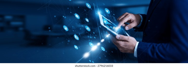 Auditor touching audit using tablet secure network, inspection, compliance, risk analysis, financial review.