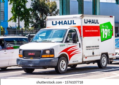 Aug 10, 2019 San Francisco / CA / USA - U-Haul van driving on a street in downtown San Francisco; U-Haul is an American company offering DIY moving solutions