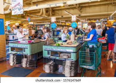 Aug 10, 2019 San Mateo / CA / USA - Whole Foods store cash register check out lanes, south San Francisco bay area