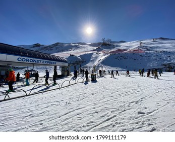 Aug 11, 2020, CORONET PEAK, NEW ZEALAND: Skiers Enjoying The Winter Snow At Southern Slopes Of Coronet Peak, A Commercial Skifield, Skiing And Sledding Resort Area In Queenstown, New Zealand.